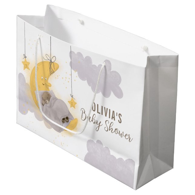 Bear Moon Stars Grey Clouds Neutral Baby Shower Large Gift Bag (Front Angled)