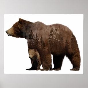 Bear Mother Baby Cub Double Exposure Poster