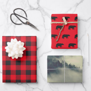 Bear, Mountains, Black and red Lumberjack set Wrapping Paper Sheet