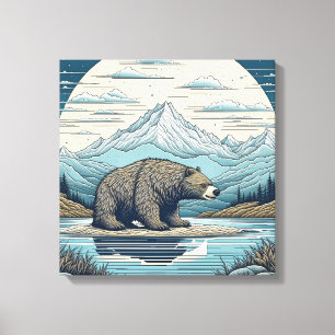 Bear, Mountains, Lake, Full Moon Ai Art Canvas Print