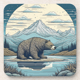 Bear, Mountains, Lake, Full Moon Ai Art Coaster