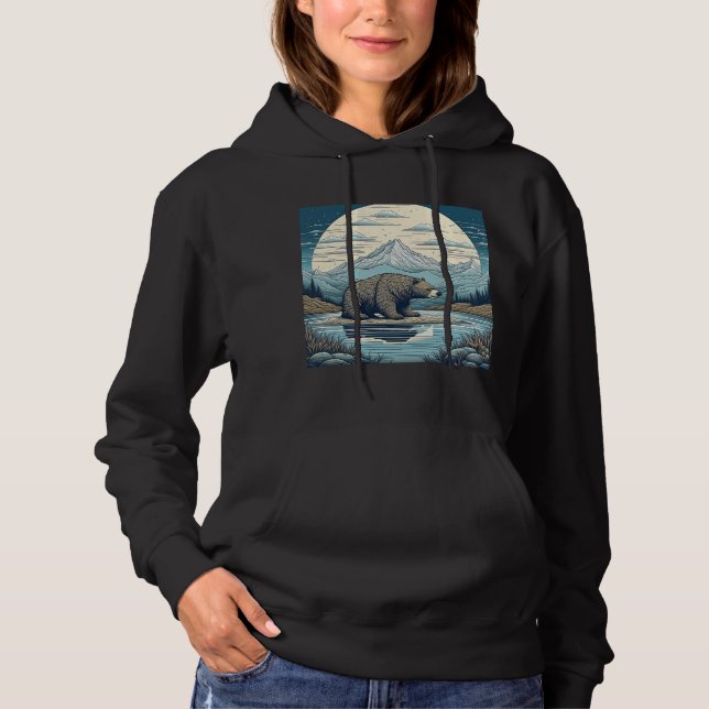 Bear, Mountains, Lake, Full Moon Ai Art Hoodie (Front)