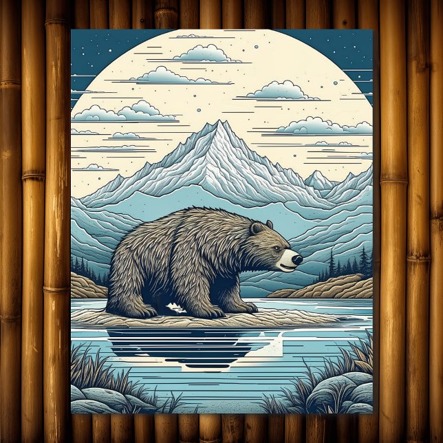 Bear, Mountains, Lake, Full Moon Ai Art Jigsaw Puzzle (Creator Uploaded)