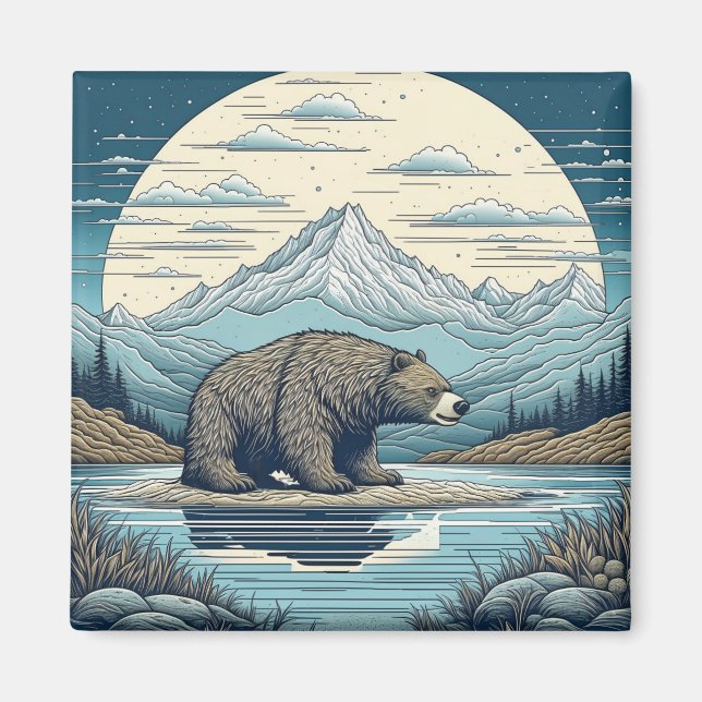 Bear, Mountains, Lake, Full Moon Ai Art Magnet (Front)