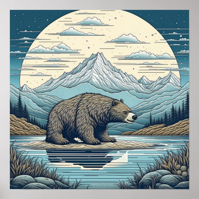 Bear, Mountains, Lake, Full Moon Ai Art Poster (Front)