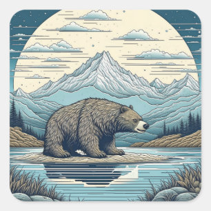 Bear, Mountains, Lake, Full Moon Ai Art Square Sticker