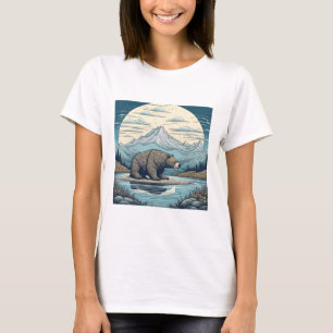 Bear, Mountains, Lake, Full Moon Ai Art T-Shirt