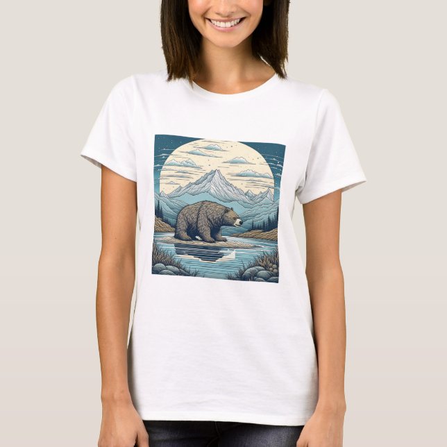 Bear, Mountains, Lake, Full Moon Ai Art T-Shirt (Front)