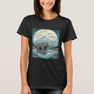 Bear, Mountains, Lake, Full Moon Ai Art T-Shirt