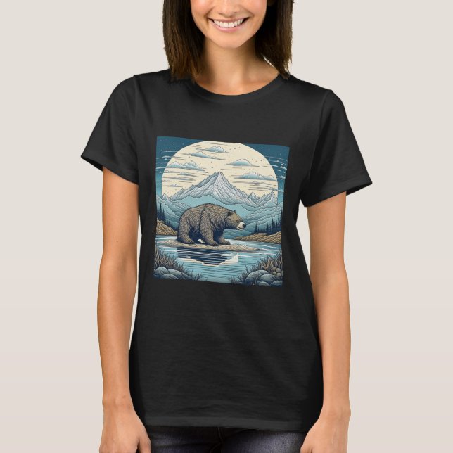 Bear, Mountains, Lake, Full Moon Ai Art T-Shirt (Front)