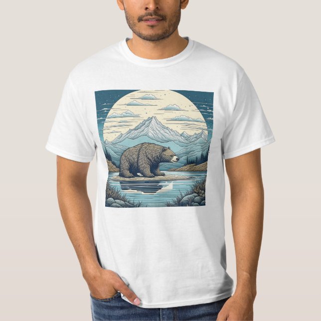 Bear, Mountains, Lake, Full Moon Ai Art T-Shirt (Front)