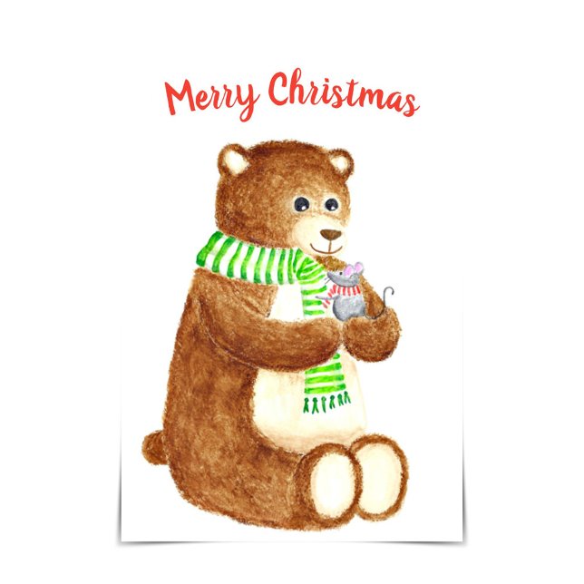 Bear & Mouse Merry Christmas Watercolour Card (Creator Uploaded)
