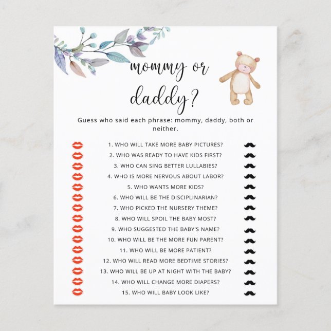 Bear mummy or daddy baby shower game (Front)