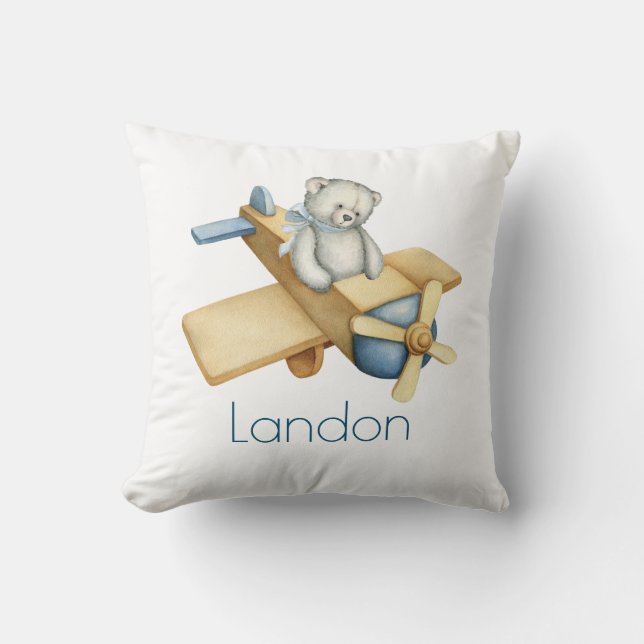 Bear Name Aeroplane Watercolor Nursery Cushion (Front)
