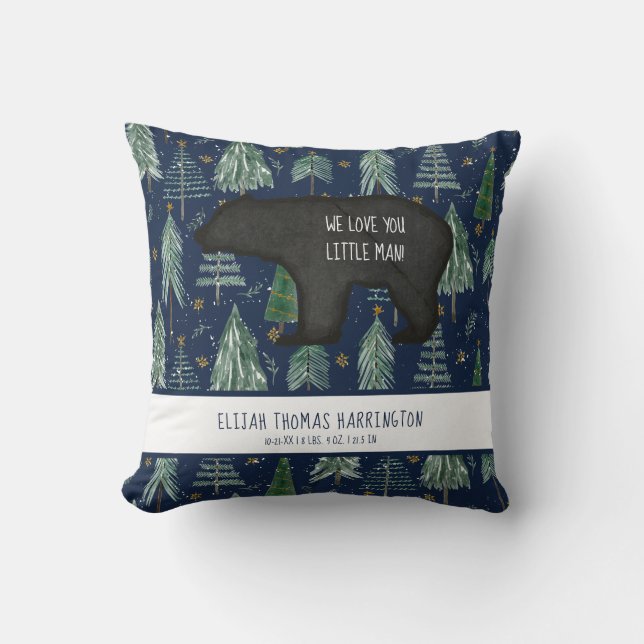 Bear Navy Blue Woodland Forest Baby Birth Stats Cushion (Front)