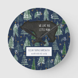 Bear Navy Woodland Forest Baby Boy Birth Stats Round Clock