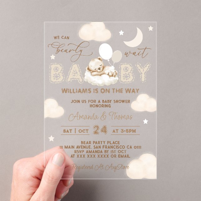 Bear Neutral Balloons Baby Shower Acrylic Invitations (Insitu (Handheld))