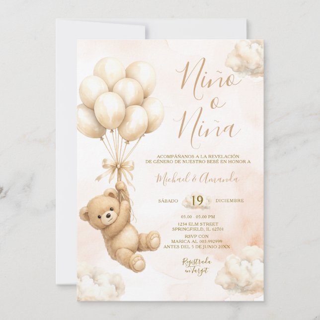 Bear Niña o Niño Gender Reveal Pink and Blue Invitation (Front)
