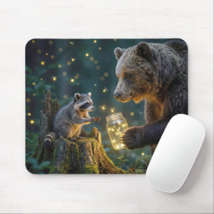 Bear Offering a Raccoon Jar of  Fireflies Mouse Mat