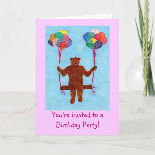 Bear on Balloon Swing Birthday Party for Kids Invitation (Front)