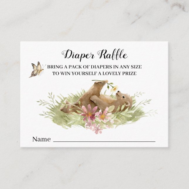 *~* Bear on Grass Enjoying Flower Diaper Raffle Enclosure Card (Front)