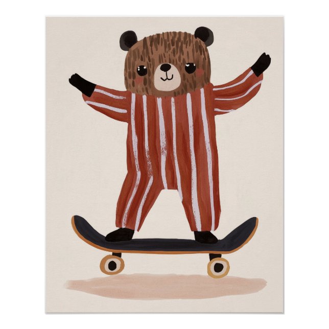 Bear on Skateboard, nursery wall art, kids room Poster (Front)