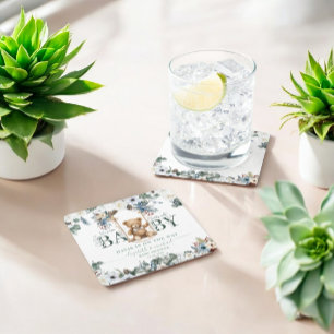 Bear on Swing Sage Green  Neutral Baby Shower Square Paper Coaster