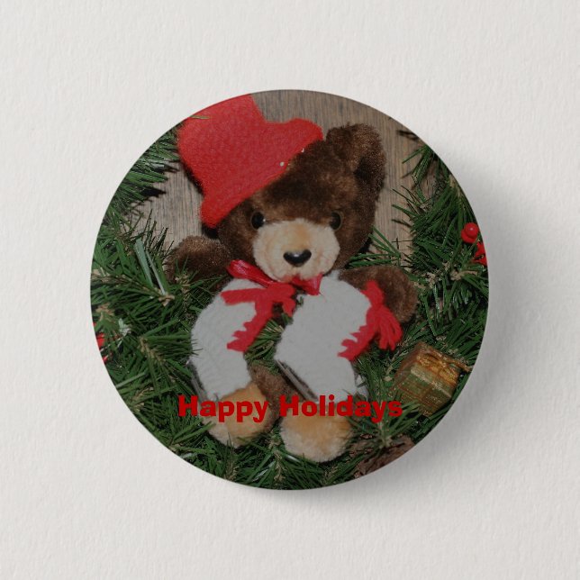 Bear On Wreath Christmas Holiday Button Pin (Front)