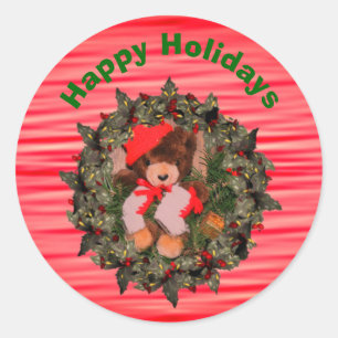 Bear On Wreath Christmas Holiday Classic Round Sticker