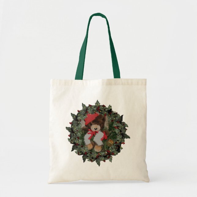 Bear On Wreath Christmas Holiday Tote Bag (Front)