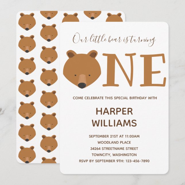 Bear One Animal Baby 1st Birthday Invitation (Front/Back)