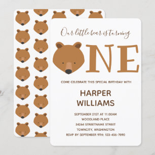Bear One Animal Baby 1st Birthday Invitation