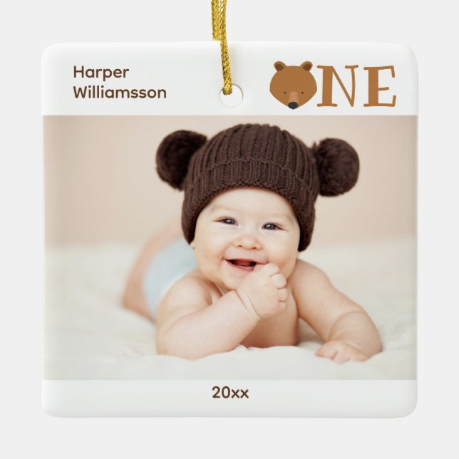 Bear One First Birthday Keepsake Baby Photo Ceramic Ornament (Front)