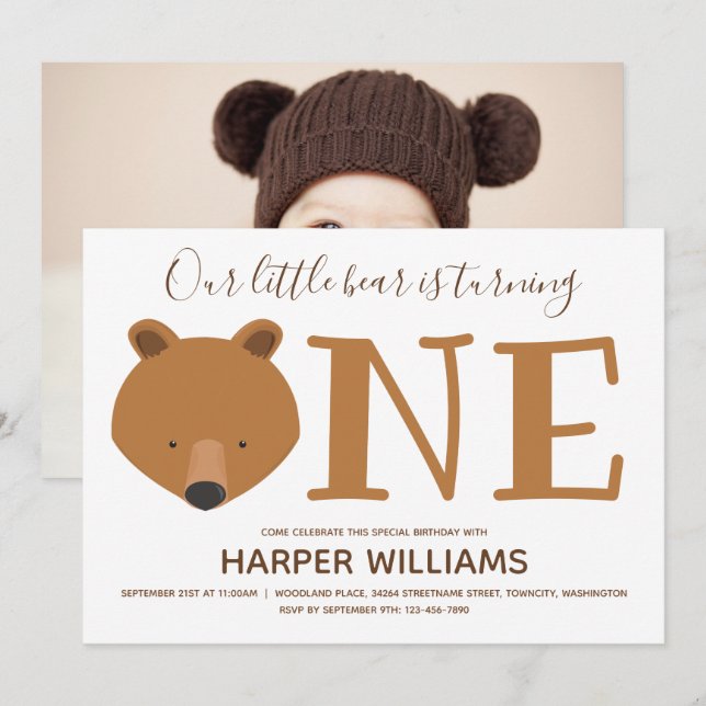 Bear One Photo Animal 1st First Birthday Invitation (Front/Back)