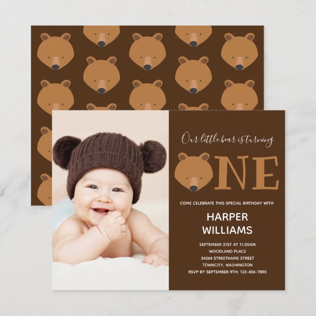 Bear One Photo Animal First Birthday Invitation (Front/Back)
