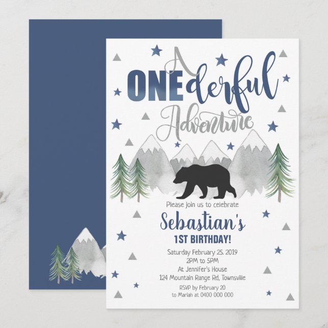 Bear Onederful Adventure Birthday Invitation 1st (Front/Back)