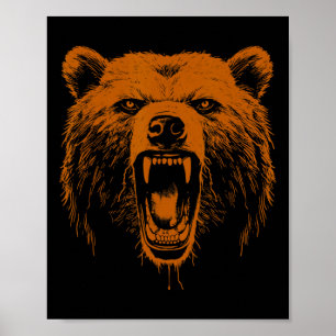Bear Orange Angry Grizzly Bear Hiking Camping Camp Poster