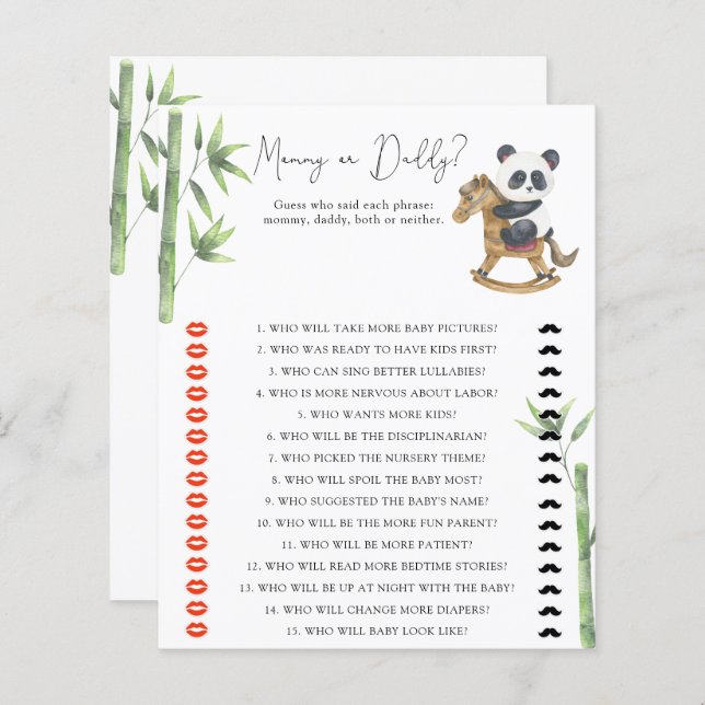 Bear Panda Mummy or daddy baby shower game (Front/Back)