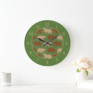 Bear Pattern on Green Cabin Large Clock