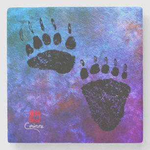 Bear Paws On Blue R - Marble Coaster