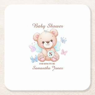 Bear Personalised Baby Shower Square Paper Coaster