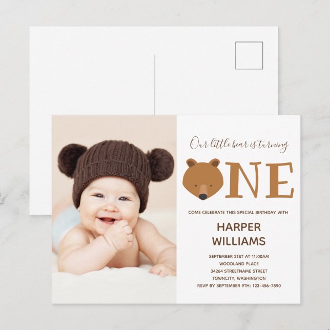 Bear Photo Animal First Birthday Invitation Postcard (Front/Back)