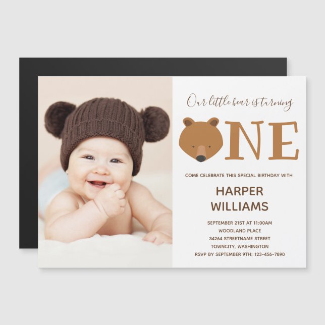 Bear Photo Animal First Birthday Magnetic Invitation (Front/Back)