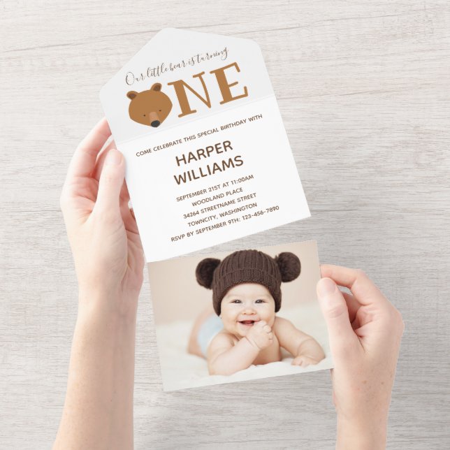 Bear Photo Cute First Birthday Invitation (Tearaway)