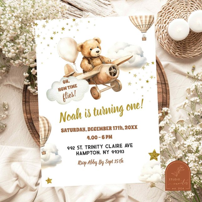 Bear Pilot Aeroplane First Birthday Boy Invitation (Creator Uploaded)