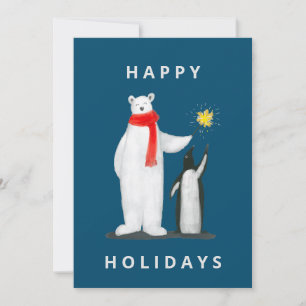 Bear & Pinguin on Blue Background Holiday Card
