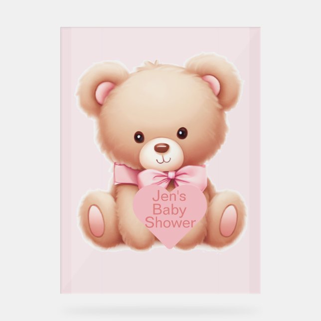 Bear Pink Baby Shower Acrylic Sign (Front)