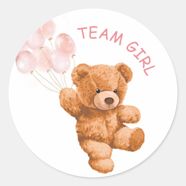 Bear Pink Balloon TEAM Girl Gender Reveal Game Classic Round Sticker (Front)