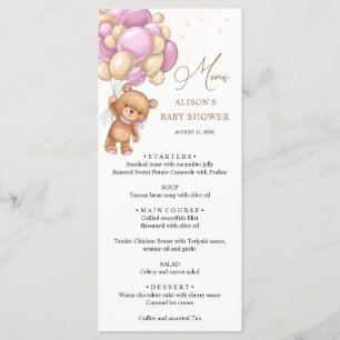 Bear Pink Balloons Baby Shower Menu