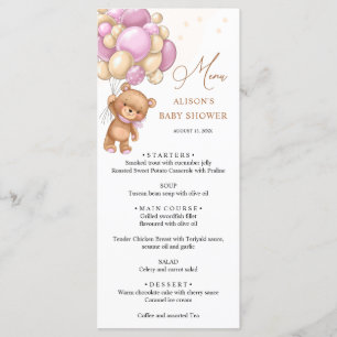 Bear Pink Balloons Baby Shower Menu